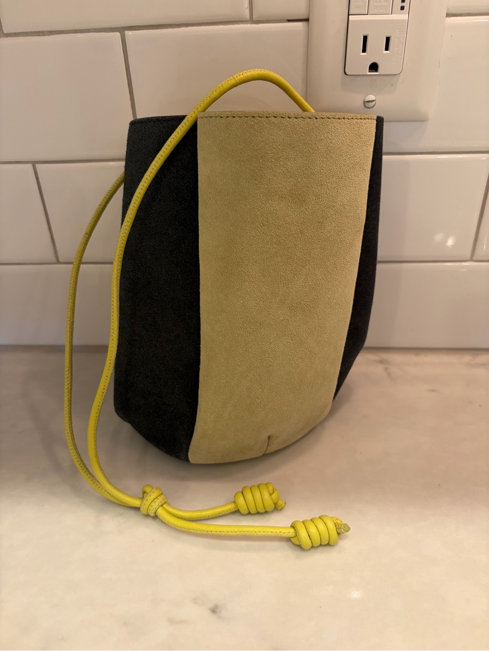 Two-Tone Green Suede Drawstring Bucket Bag